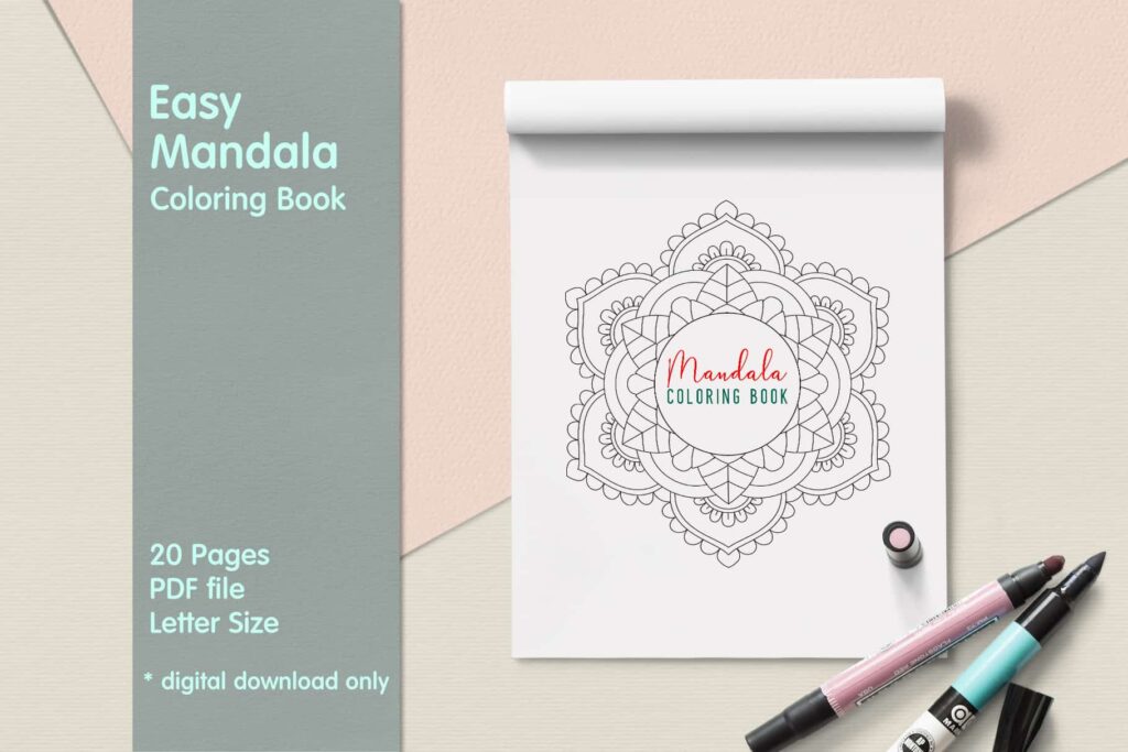 prv1 3 1024x683 - Easy Mandala Coloring Book PDF, 20 Pages,  8.5 " x 11", Printable Digital Hand Drawn Coloring Pages, Stress relief and relaxation Pages