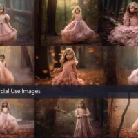 Stock Photos, Commercial Use Images, Little Girl in a Pink Dress in the Forest, 9 PNG Extendend License, Generative AI, Artistic Child