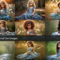 Stock Photos, Commercial Use Images, Little Girl in Blue Sitting on the Grass, 9 PNG, Extended License, Generative AI, girl photos, HD art