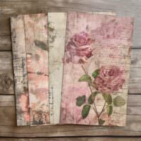 4 Piece Set Coral Charm Digital Rose Image Textured Script Background Scrapbooking Journal Kit Vintage Rose Art Collection Design Elements