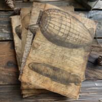 4 Antique Airship Over Scripted Pages Vintage Balloon Art Old World Exploration Historical Craft Victorian Ladies Shabby Print DIY Design