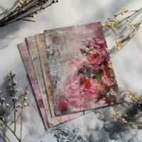 4 Pink Elegance Digital Rose Art Antique Script Background Scrapbook Junk Journal Kit Pink Rose Art Digital Flowers Collection DIY Design