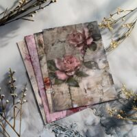 4 Blush Rose Digital Illustrations Romantic Script Background Scrapbook Junk Journal Kit Vintage Art Collection Design Elements Printable