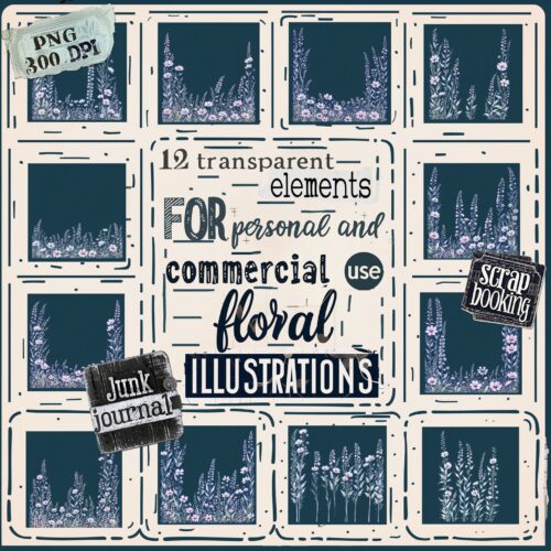 12 Floral Illustrations Botanical Frame Digital Set Instant Download Crafting Scrapbooking Flower PNG Transparent Journaling Collection