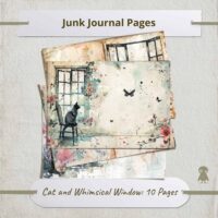Whimsical Window Tranquil Cat Butterfly Garden Scene Double Page Spread Junk Journal Pages Scrapbooking Vintage Printable Design Collection