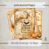 12 Junk Journal Pages Vintage Halloween Illustration Pumpkins Autumn Leaves Haunted House Full Moon Spooky Scene Scrapbook Ephemera Art