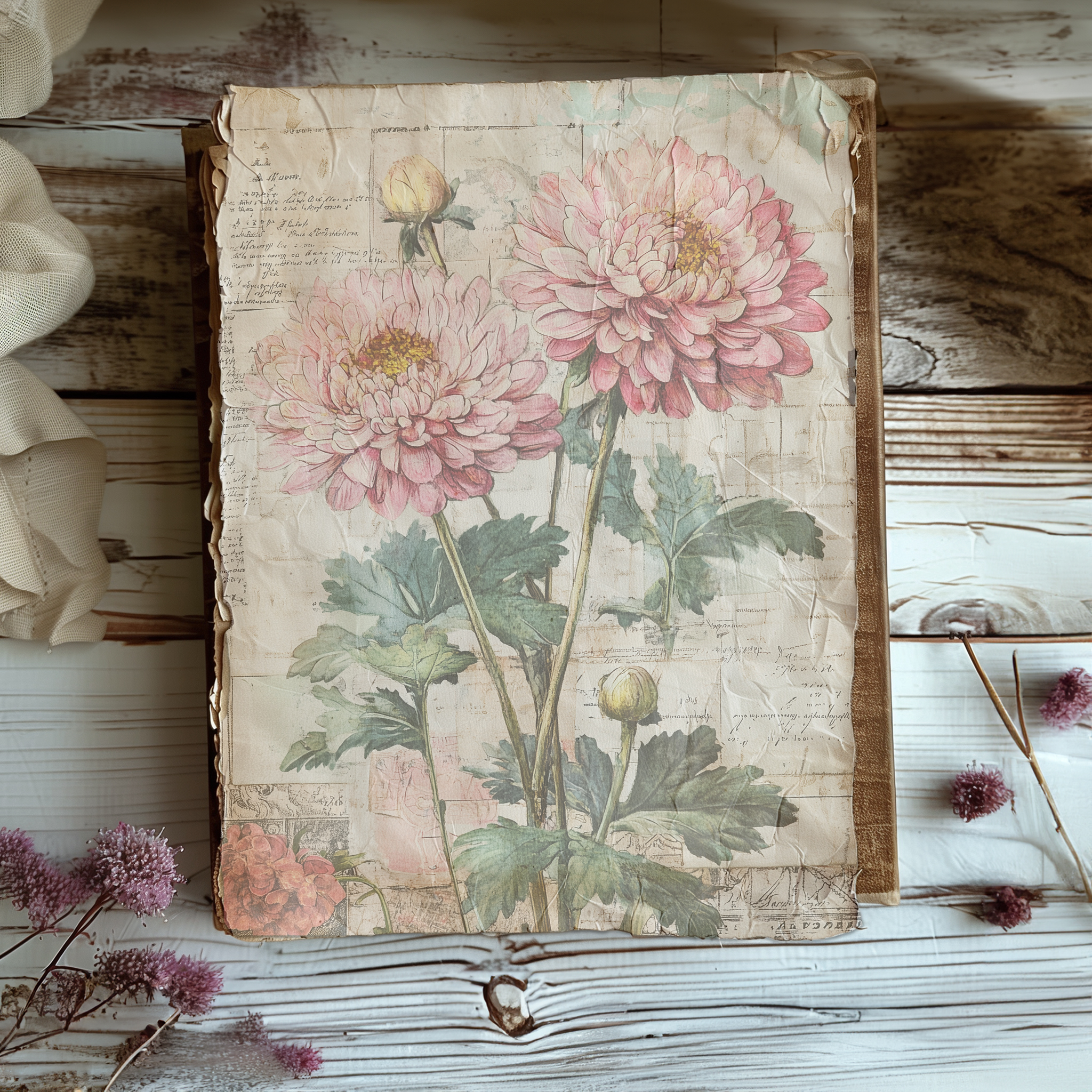 Vintage Florals Digital Journal Pages, Shabby Chic Red