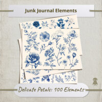 Vintage Botanical Illustrations Floral Ephemera Blue Flower Clipart Antique Roses Peonies Poppies Stem Leaves Beautiful Digital Collage