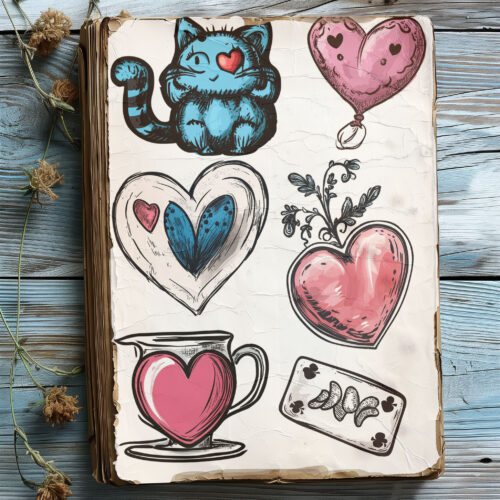 Cute Alice In Wonderland Clipart Set Playing Card Doll Mushroom Teacup Hearts Fairy Tale Printable Art Digital Stickers Scrapbooking Heart