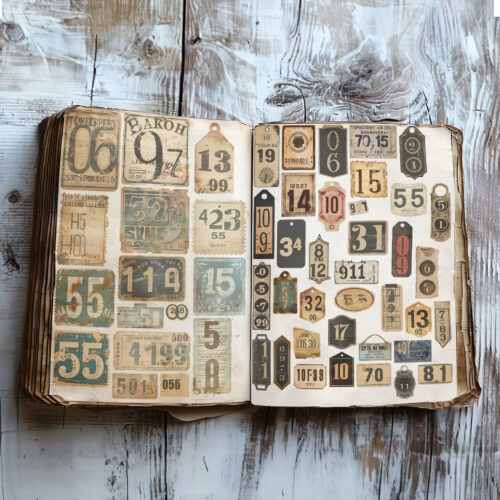 Vintage Ephemera Numbers Tags Junk Journal Digital Collage Sheet Antique Style Number Labels Scrapbooking Printable Diy Crafts Art Retro