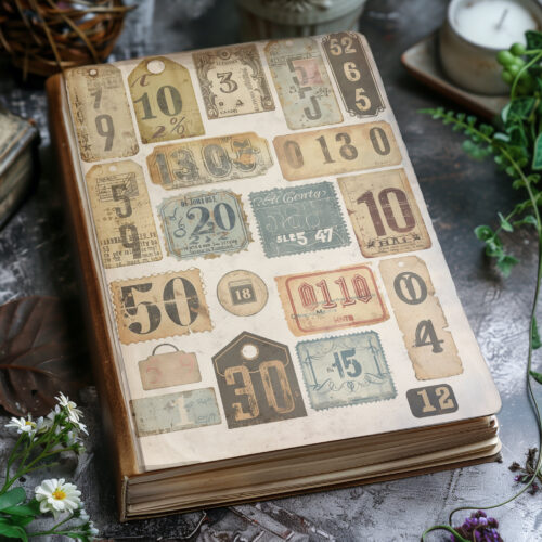 Vintage Ephemera Numbers Tags Junk Journal Digital Collage Sheet Antique Style Number Labels Scrapbooking Printable Diy Crafts Art Retro