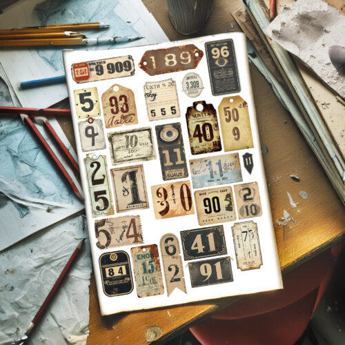 Vintage Ephemera Numbers Tags Junk Journal Digital Collage Sheet Antique Style Number Labels Scrapbooking Printable Diy Crafts Art Retro