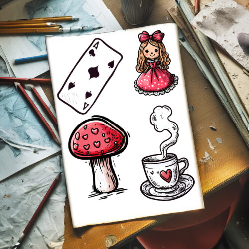 Cute Alice In Wonderland Clipart Set Playing Card Doll Mushroom Teacup Hearts Fairy Tale Printable Art Digital Stickers Scrapbooking Heart