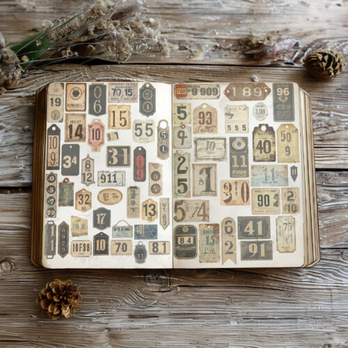 Vintage Ephemera Numbers Tags Junk Journal Digital Collage Sheet Antique Style Number Labels Scrapbooking Printable Diy Crafts Art Retro