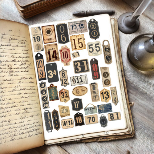 Vintage Ephemera Numbers Tags Junk Journal Digital Collage Sheet Antique Style Number Labels Scrapbooking Printable Diy Crafts Art Retro