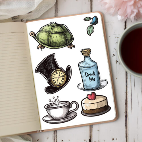 Cute Alice In Wonderland Clipart Set Playing Card Doll Mushroom Teacup Hearts Fairy Tale Printable Art Digital Stickers Scrapbooking Heart