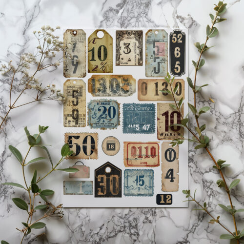 Vintage Ephemera Numbers Tags Junk Journal Digital Collage Sheet Antique Style Number Labels Scrapbooking Printable Diy Crafts Art Retro