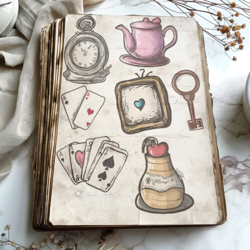 Cute Alice In Wonderland Clipart Set Playing Card Doll Mushroom Teacup Hearts Fairy Tale Printable Art Digital Stickers Scrapbooking Heart