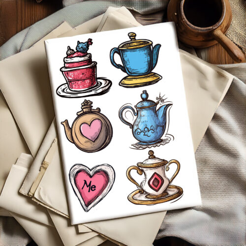 Cute Alice In Wonderland Clipart Set Playing Card Doll Mushroom Teacup Hearts Fairy Tale Printable Art Digital Stickers Scrapbooking Heart