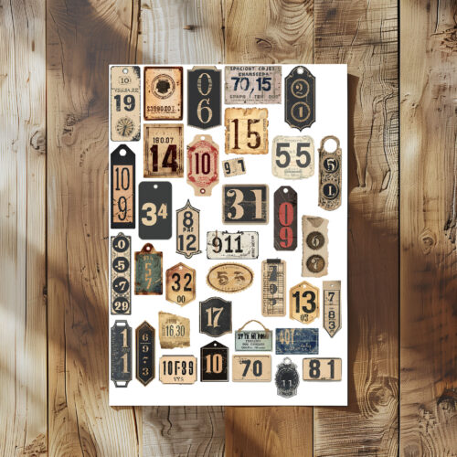 Vintage Ephemera Numbers Tags Junk Journal Digital Collage Sheet Antique Style Number Labels Scrapbooking Printable Diy Crafts Art Retro