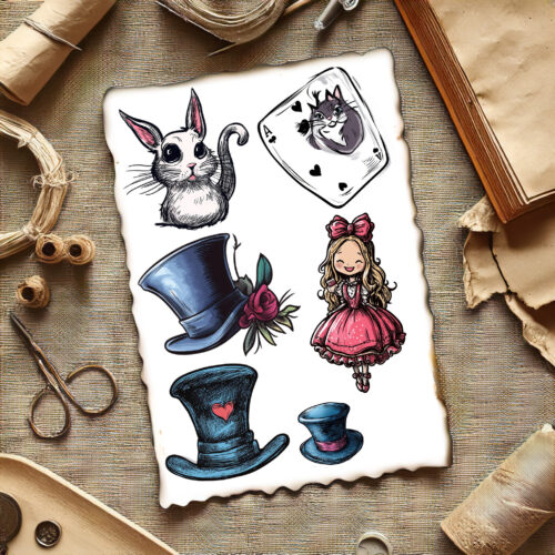 Cute Alice In Wonderland Clipart Set Playing Card Doll Mushroom Teacup Hearts Fairy Tale Printable Art Digital Stickers Scrapbooking Heart