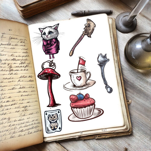 Cute Alice In Wonderland Clipart Set Playing Card Doll Mushroom Teacup Hearts Fairy Tale Printable Art Digital Stickers Scrapbooking Heart